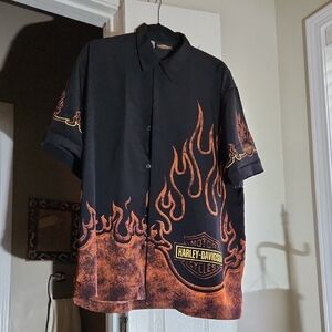 Harley-Davidson Black and Orange Casual Button Down Shirt